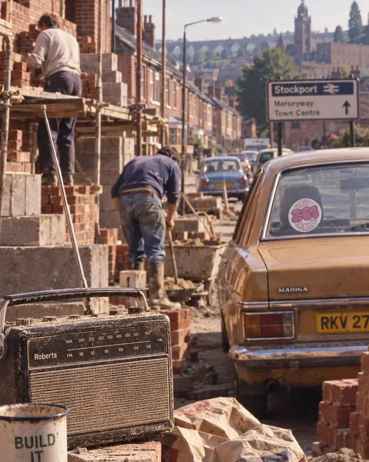 Recreated photo: a late-1970s building site in Stockport, builders at work on new red-brick houses, a dusty Roberts radio on the bricks and a Piccadilly Radio 261 sticker on the back window of a Morris Marina, the viaduct in the distance.