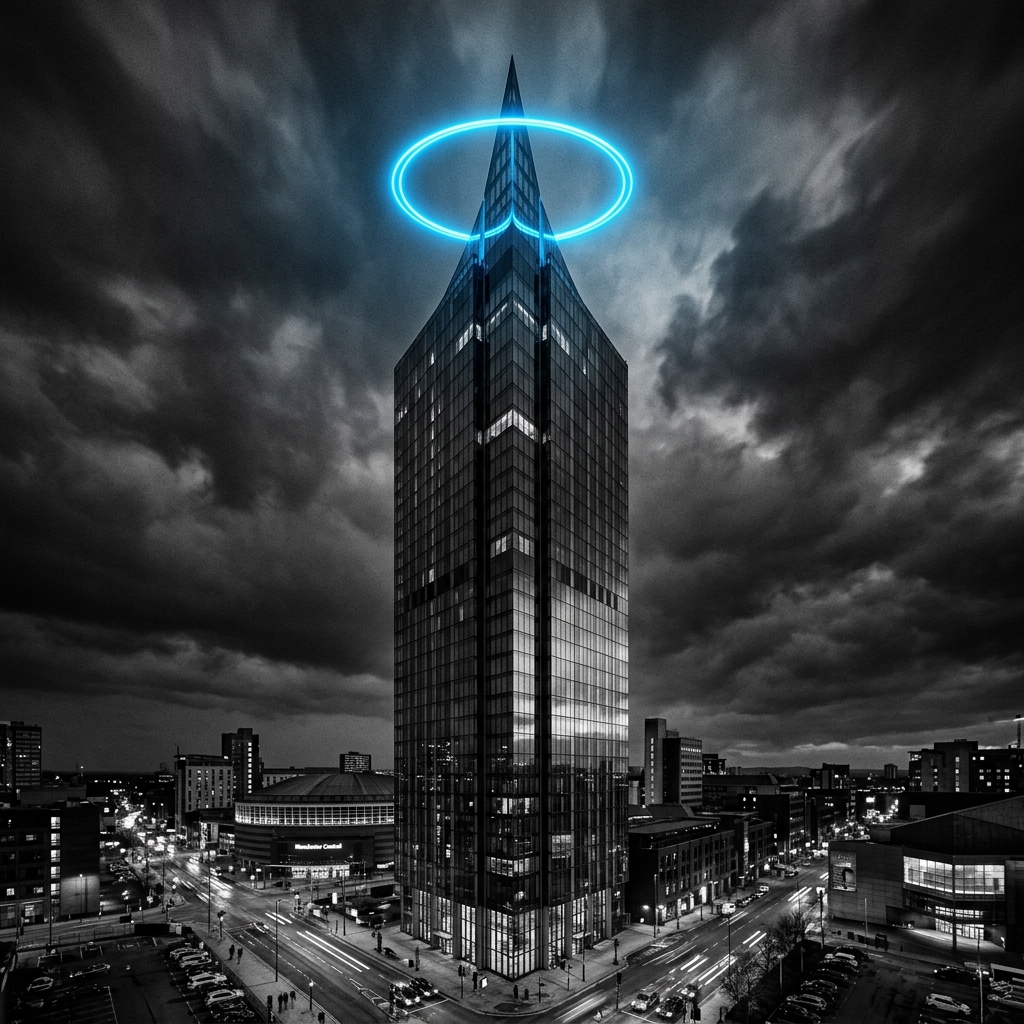Manchester skyscraper architecture artwork with floating electric blue neon halo ring