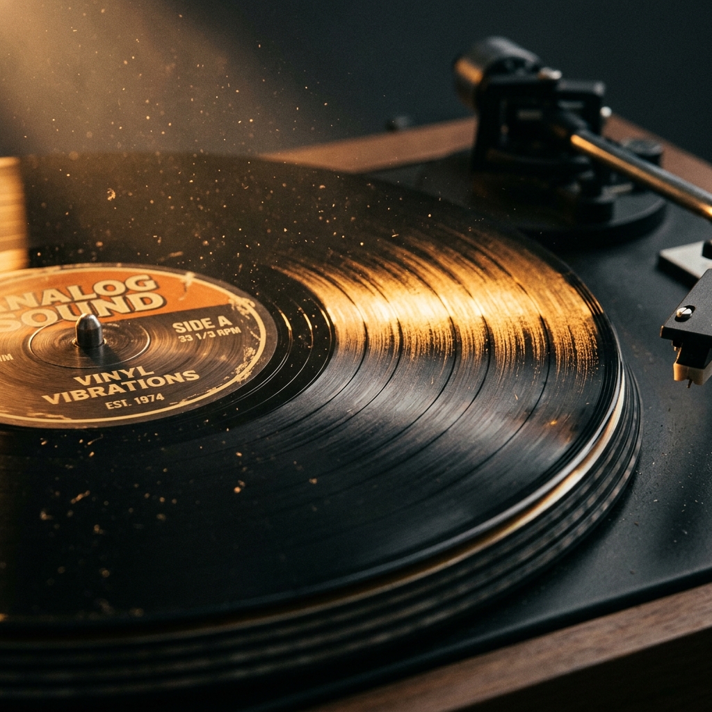 Rotating golden retro record tracks reflective light background