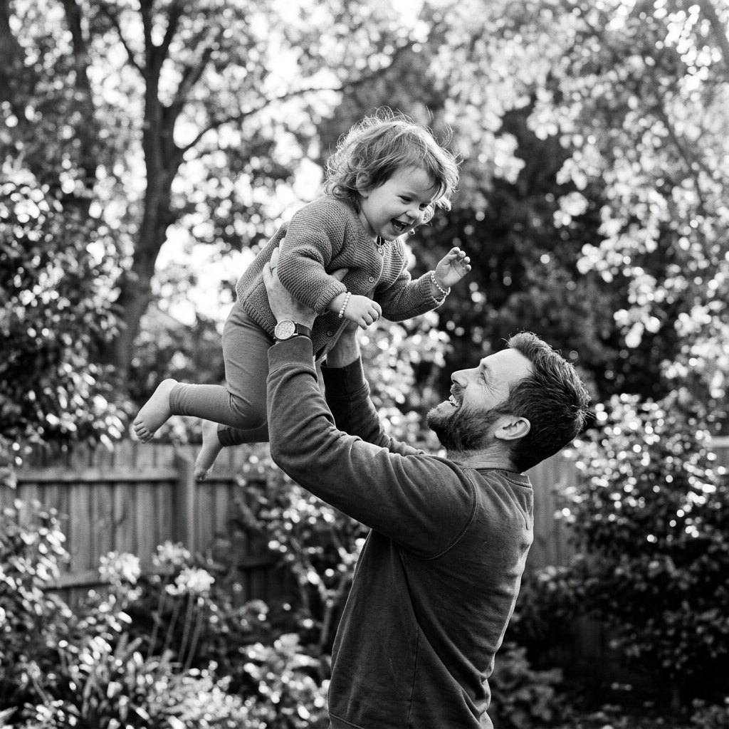 Black and White father holding child high with smiles